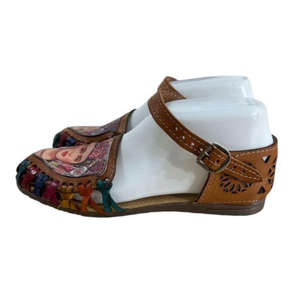 Frida Khalo Brown Leather Huarache Sandals Size 6 Rubber Outsole Close Toe - Picture 11 of 12